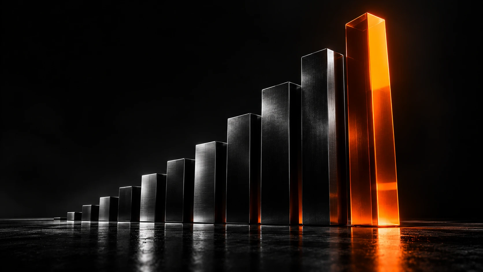 Escultura de barras de acero ascendentes como un gráfico de crecimiento, la más alta iluminada en naranja